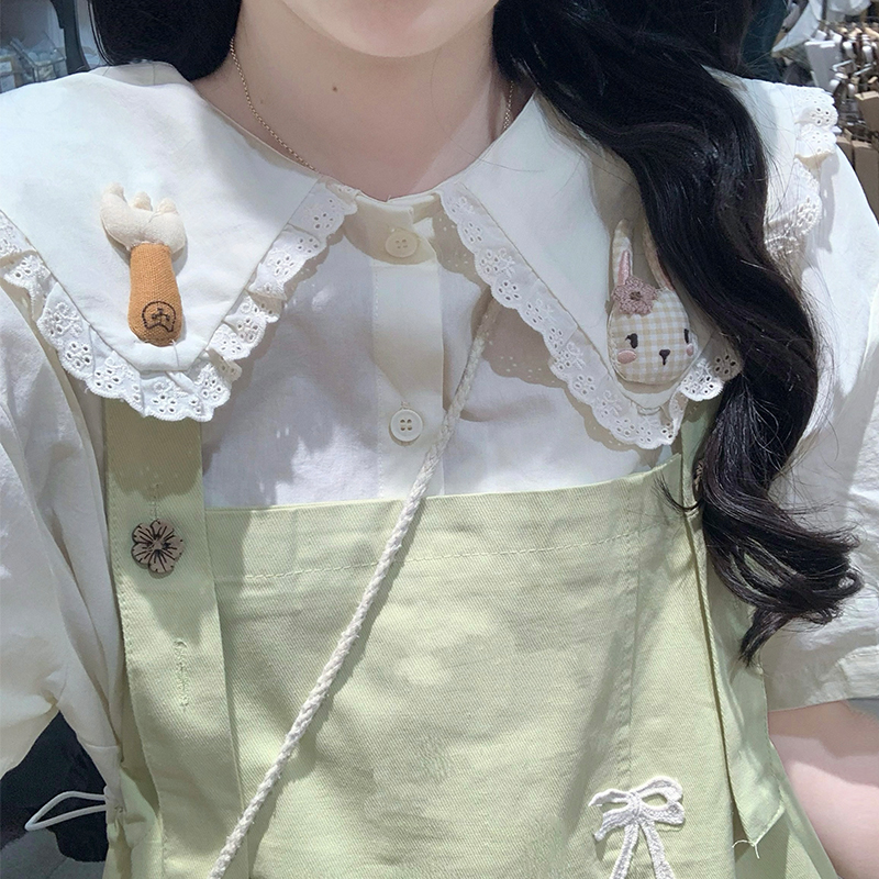 New Korean Style Peter Pan Collar Top and Embroidered Pinafore Dress Two-Piece Set