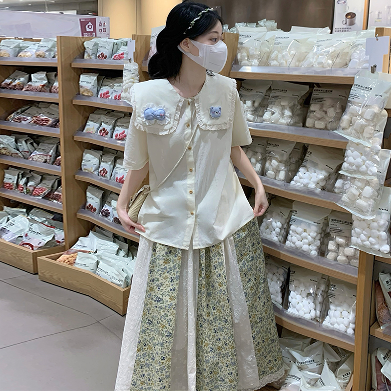 New Patchwork Peter Pan Collar Ruffle Preppy Loose Shirt and Skirt Two-Piece Set - Image 2