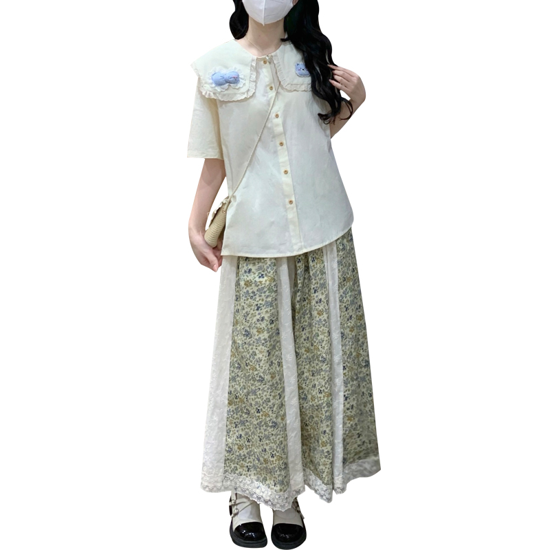 New Patchwork Peter Pan Collar Ruffle Preppy Loose Shirt and Skirt Two-Piece Set - Image 5