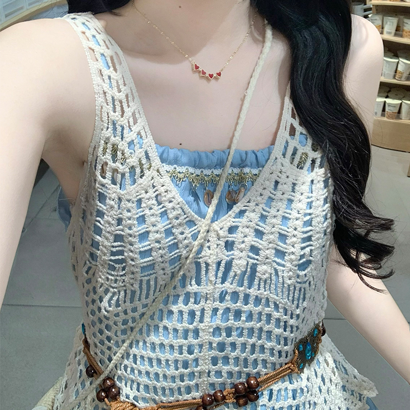 Bohemian Sweet Blue Cami Long Dress with Tassel Vacation Set