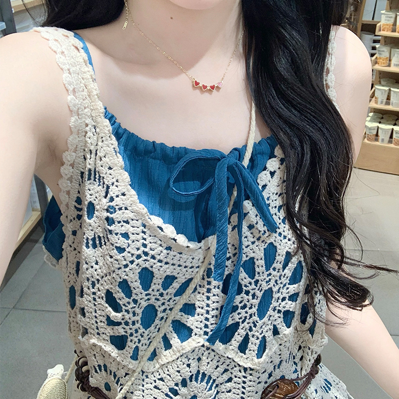Retro Vacation Two-Piece Set with Crochet Hollow-Out Cover-Up Cami Dress