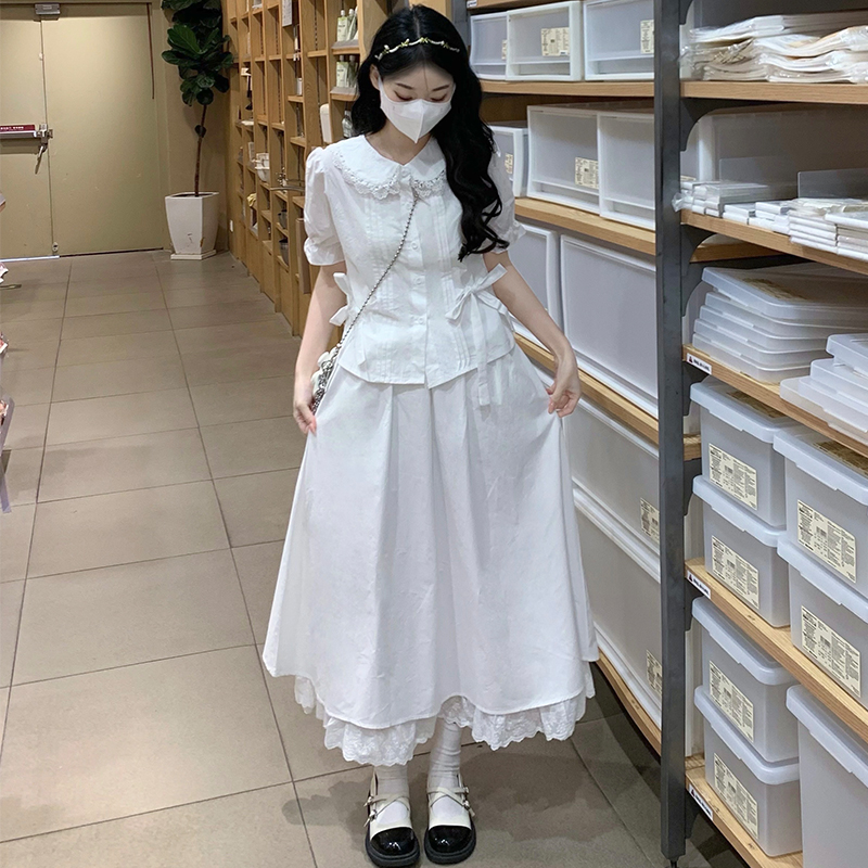 Real Photo Youthful Butterfly Tie Shirt Summer Mori Vintage Preppy Skirt Set - Image 4