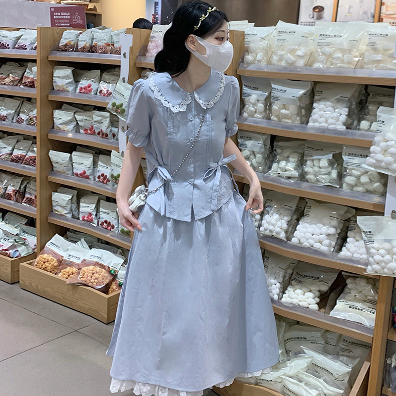 Real Photo Youthful Butterfly Tie Shirt Summer Mori Vintage Preppy Skirt Set - Image 2
