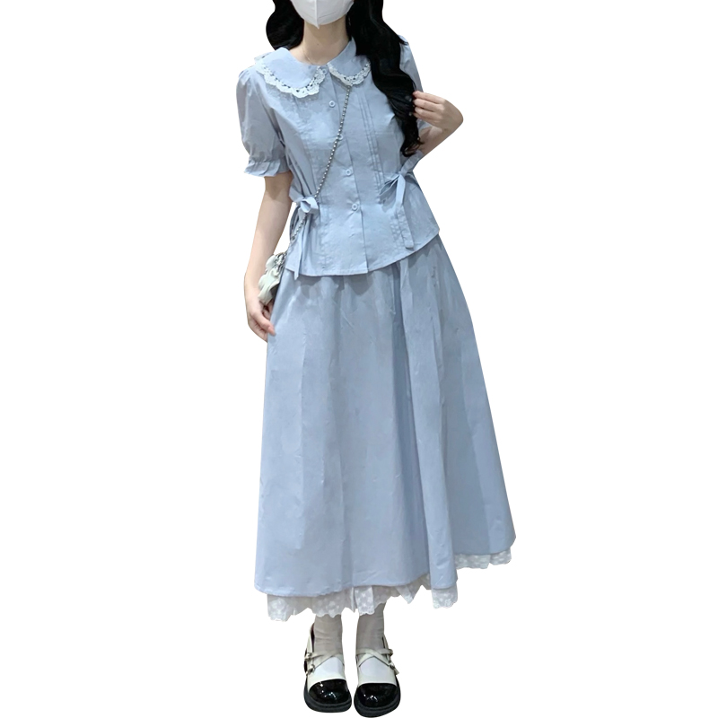 Real Photo Youthful Butterfly Tie Shirt Summer Mori Vintage Preppy Skirt Set - Image 5