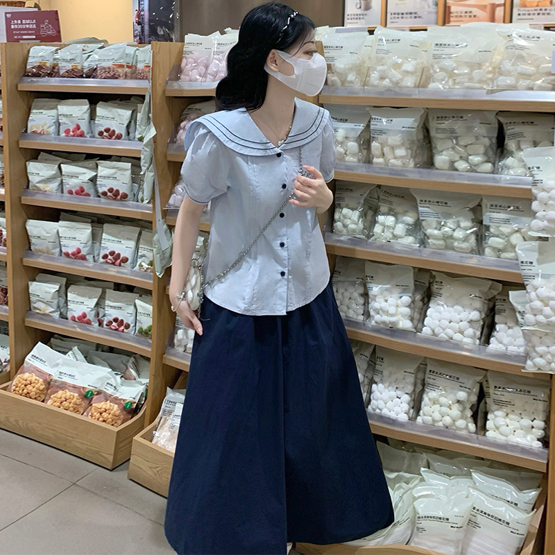 Women Summer Retro Preppy Two-Piece Set White Shirt and Skirt with Navy Collar Color Block - Image 2