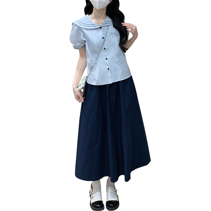 Women Summer Retro Preppy Two-Piece Set White Shirt and Skirt with Navy Collar Color Block - Image 5
