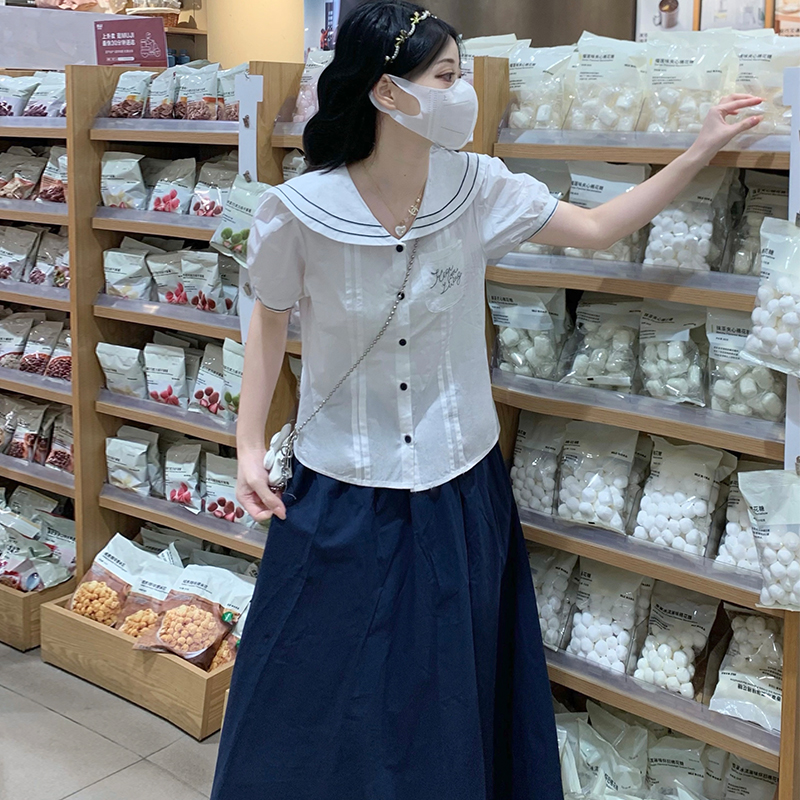 Women Summer Retro Preppy Two-Piece Set White Shirt and Skirt with Navy Collar Color Block