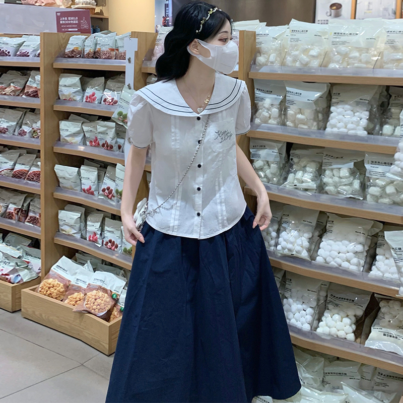 Women Summer Retro Preppy Two-Piece Set White Shirt and Skirt with Navy Collar Color Block - Image 3