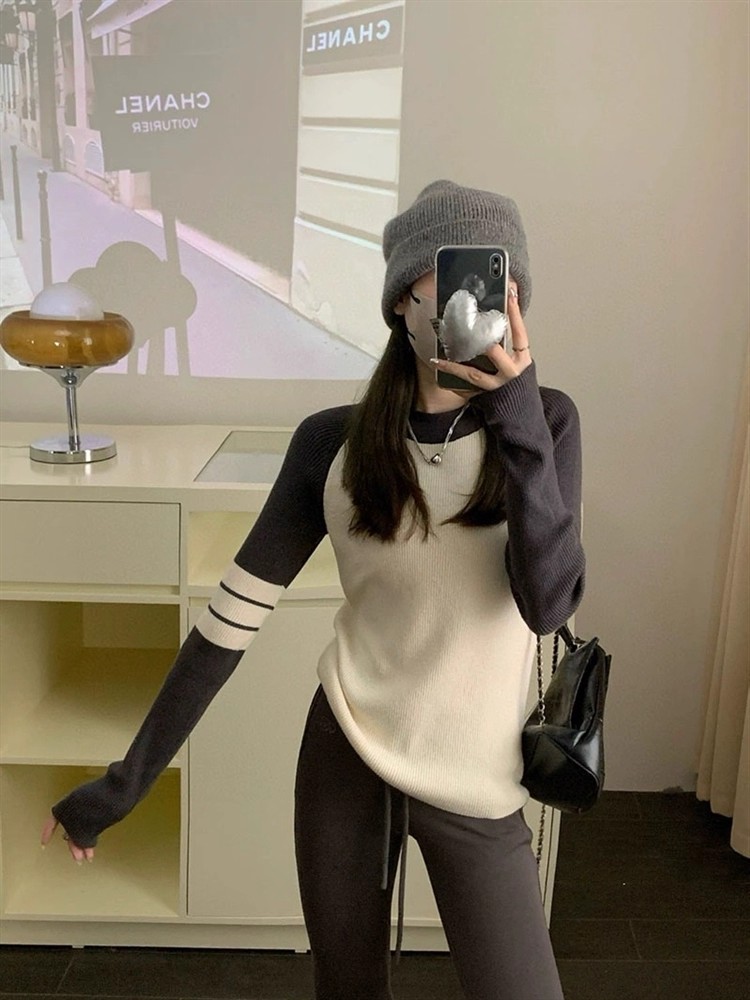 Korean Style Color Block Striped Knit Sweater for Women Slim Fit Fall Winter Base Layer