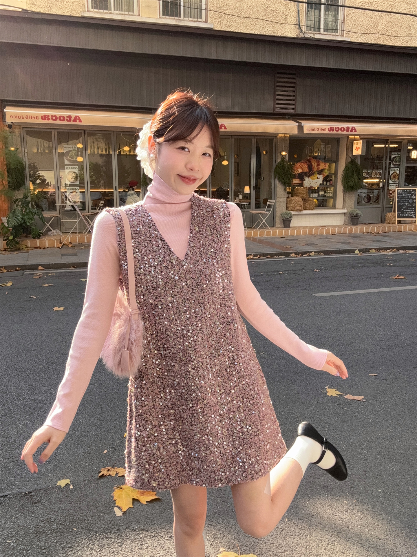 Sweet High Neck Brushed Top and Sequin Sleeveless Dress Two-Piece Set