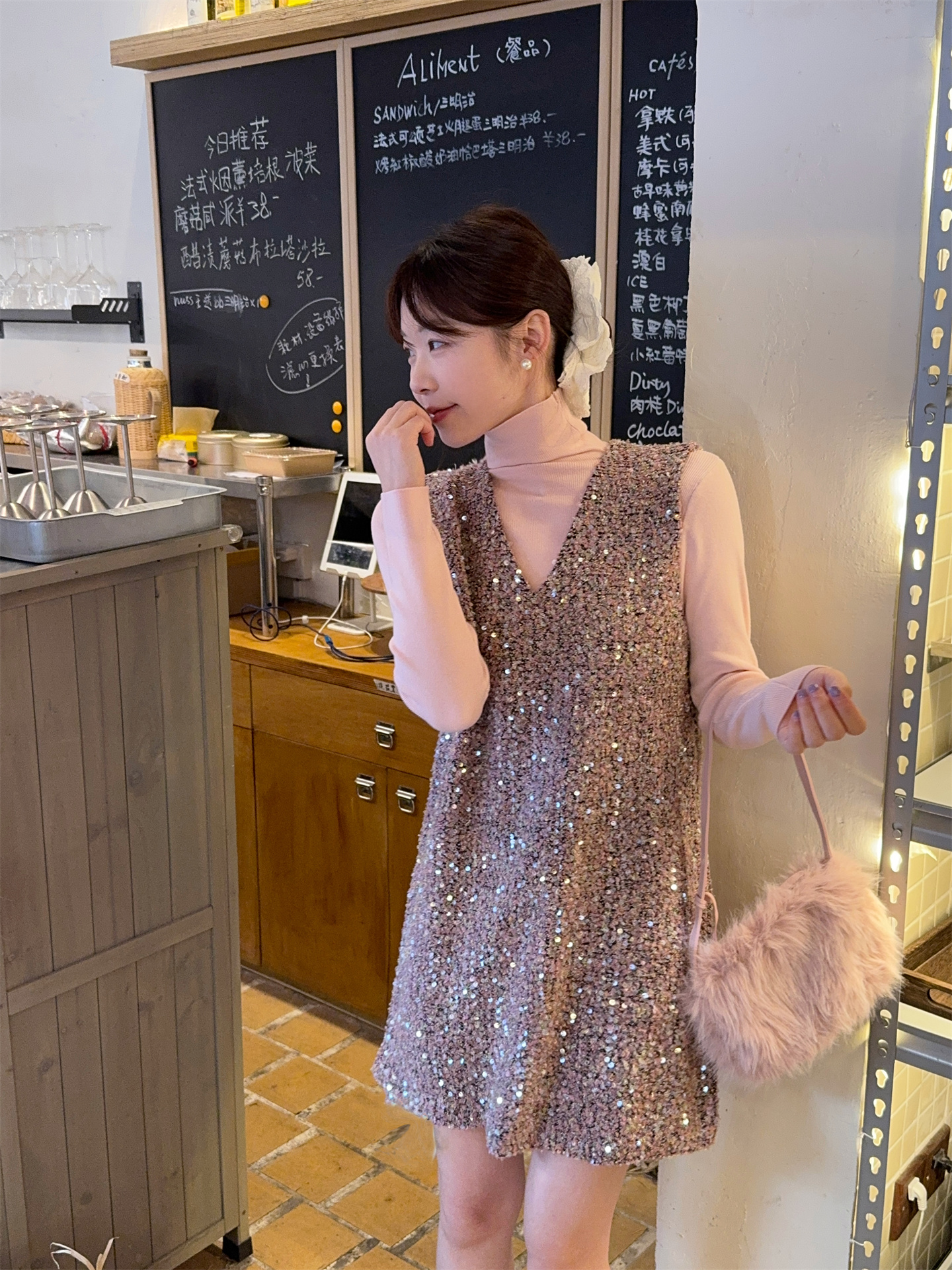 Sweet High Neck Brushed Top and Sequin Sleeveless Dress Two-Piece Set - Image 4