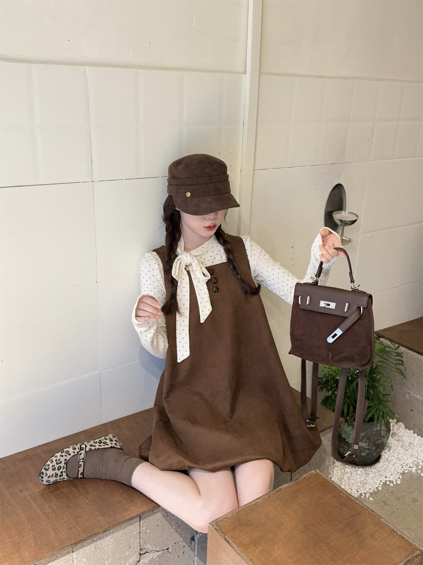 Sweet Polka Dot Layered Long Sleeve Top and Brown Sleeveless Bubble Dress Two-Piece Set