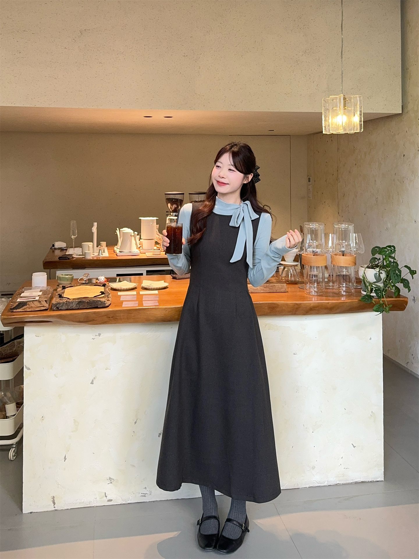Two-Piece Ribbon Accent Brushed Long Sleeve Top and Sleeveless Dress Set
