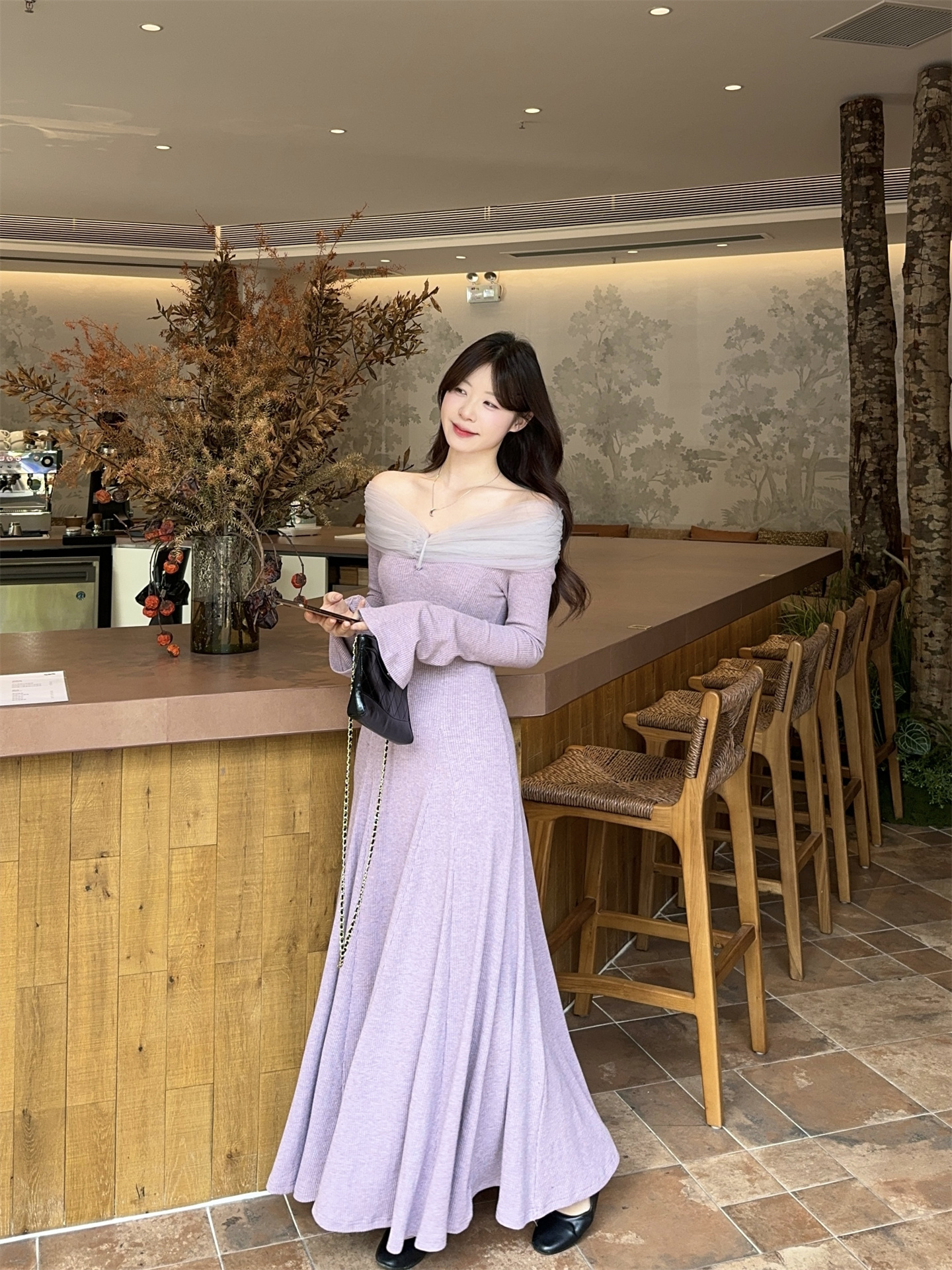 French Off-Shoulder Purple Slim Fit Long Dress