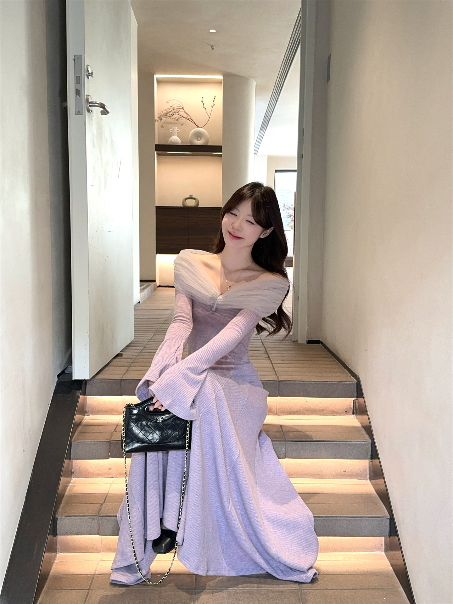 French Off-Shoulder Purple Slim Fit Long Dress - Image 3