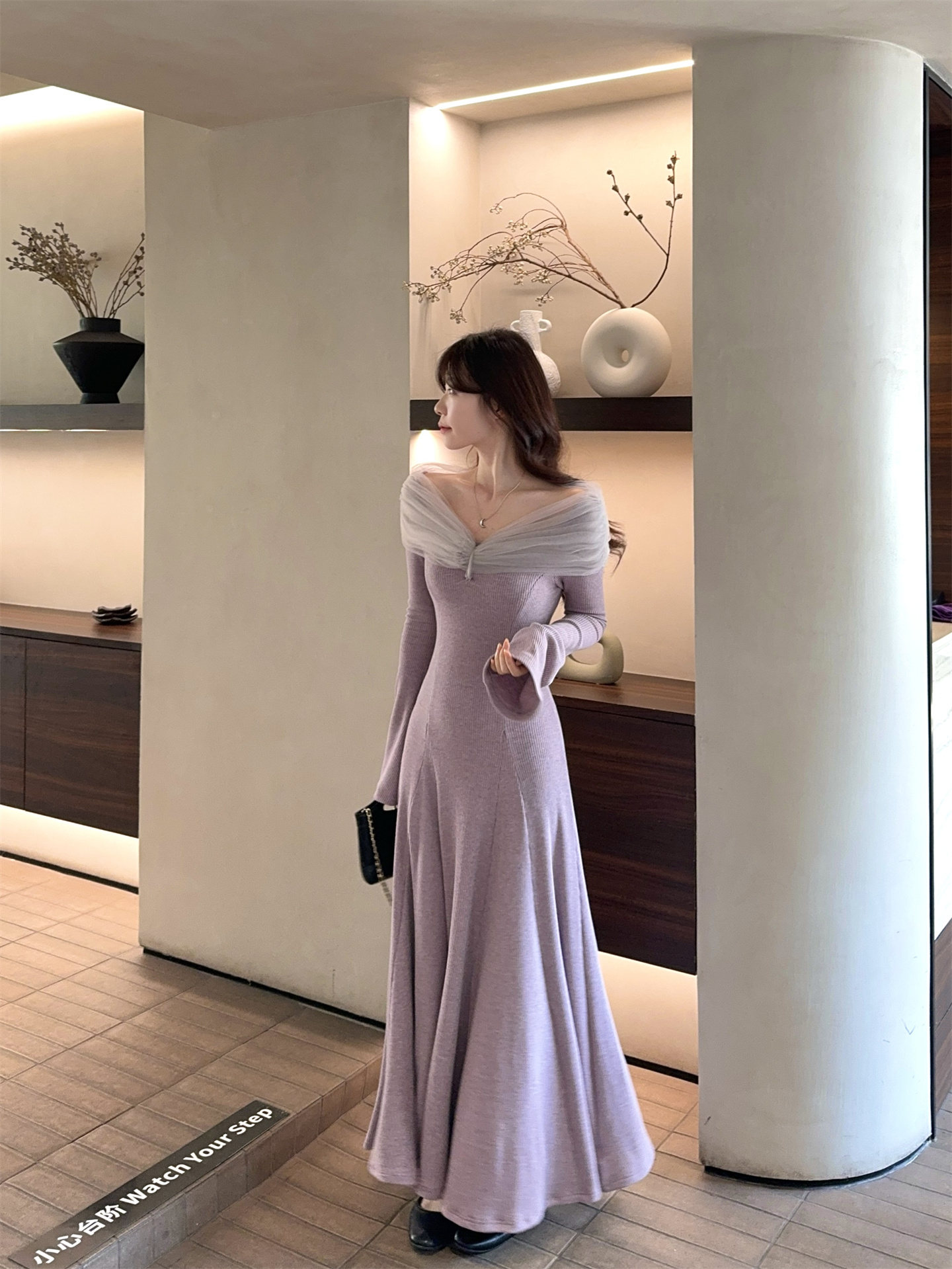 French Off-Shoulder Purple Slim Fit Long Dress - Image 4