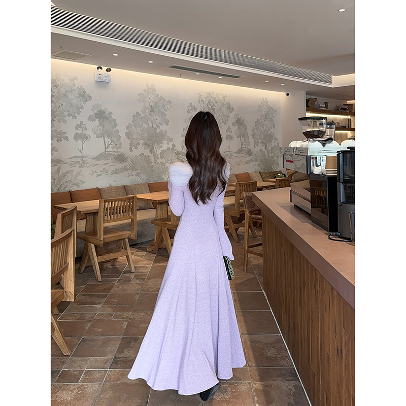French Off-Shoulder Purple Slim Fit Long Dress - Image 5