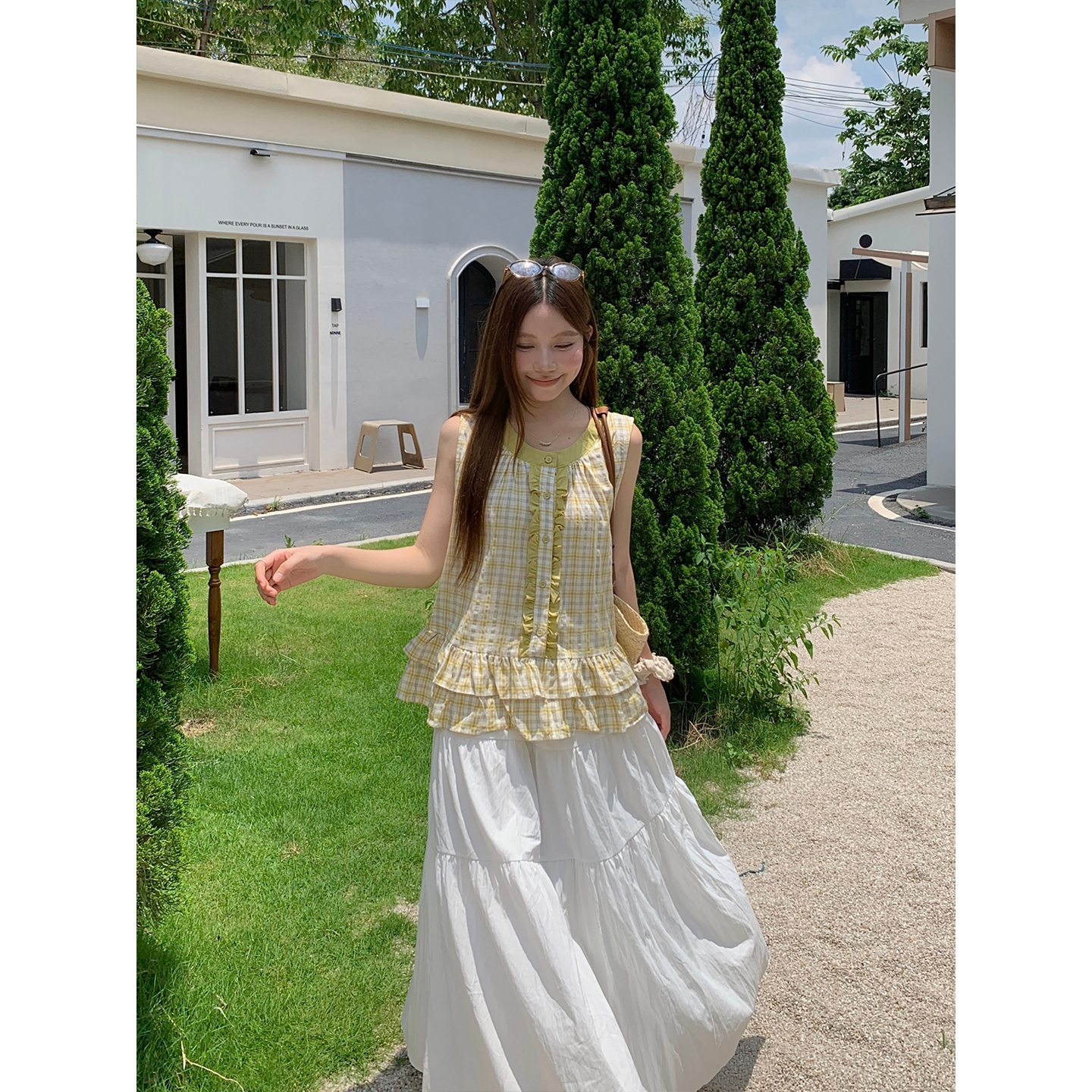 Japanese Style Plaid Sleeveless Shirt Women Summer Ruffle Hem Doll Top