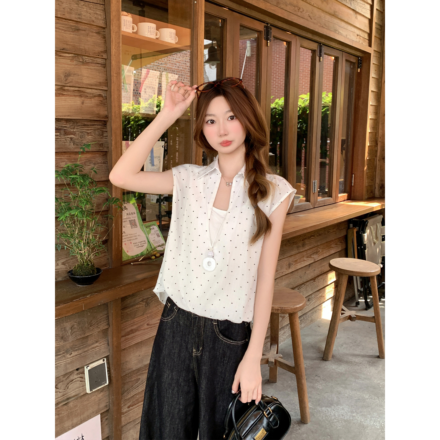 Polka Dot Faux Two Piece Short Sleeve Shirt Women Summer Loose Slimming Design