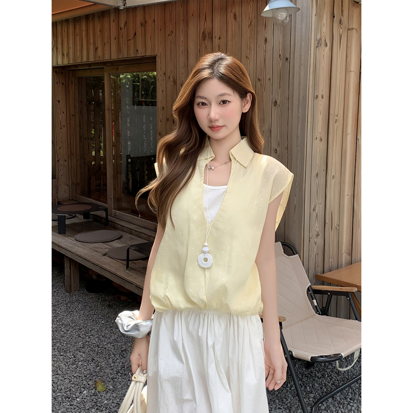Women's Polka Dot Faux Two-Piece Sleeveless Shirt Summer Yellow Slimming Top