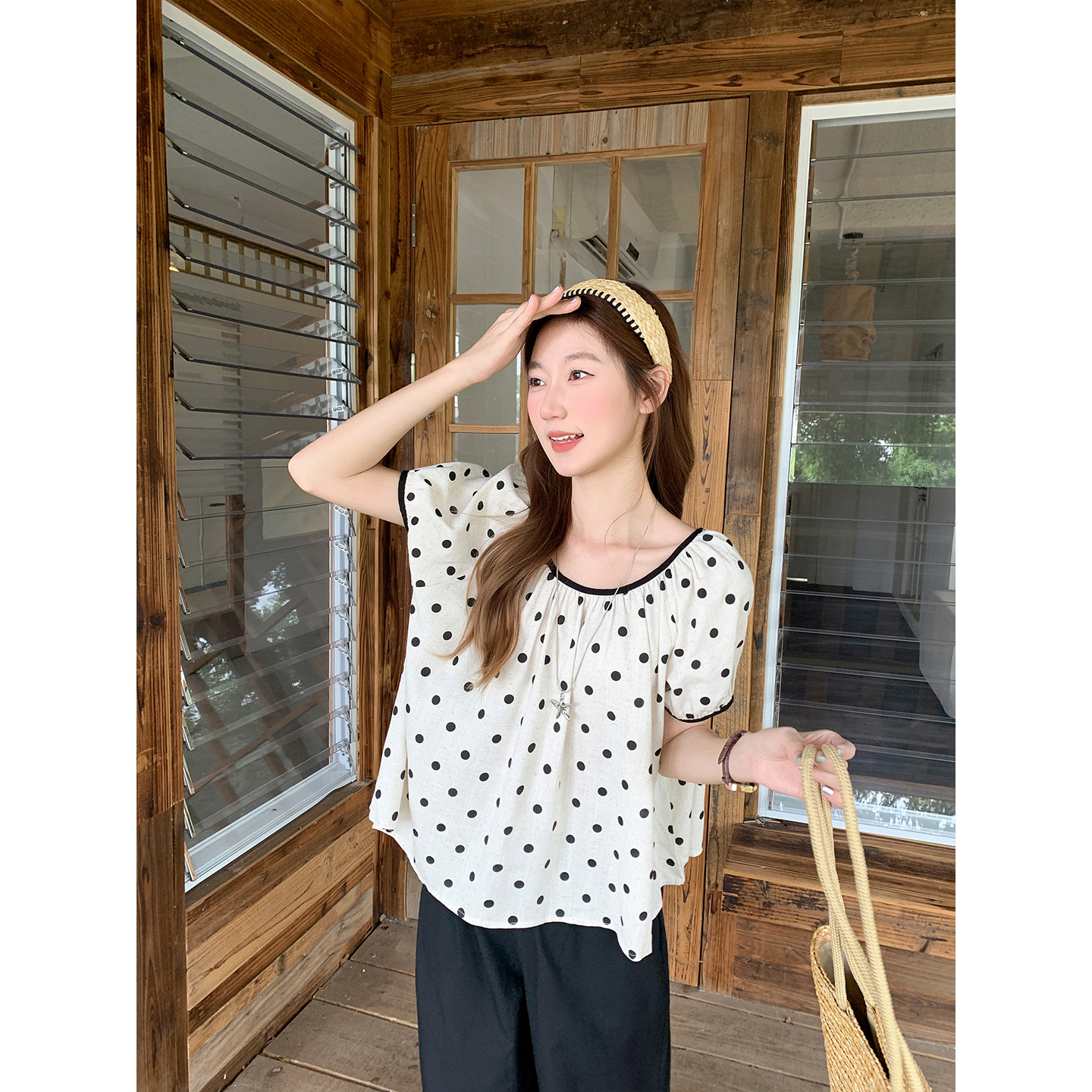 Retro Brown Polka Dot Color Block Round Neck Babydoll Shirt Women Summer Korean Loose Short Sleeve Blouse - Image 4
