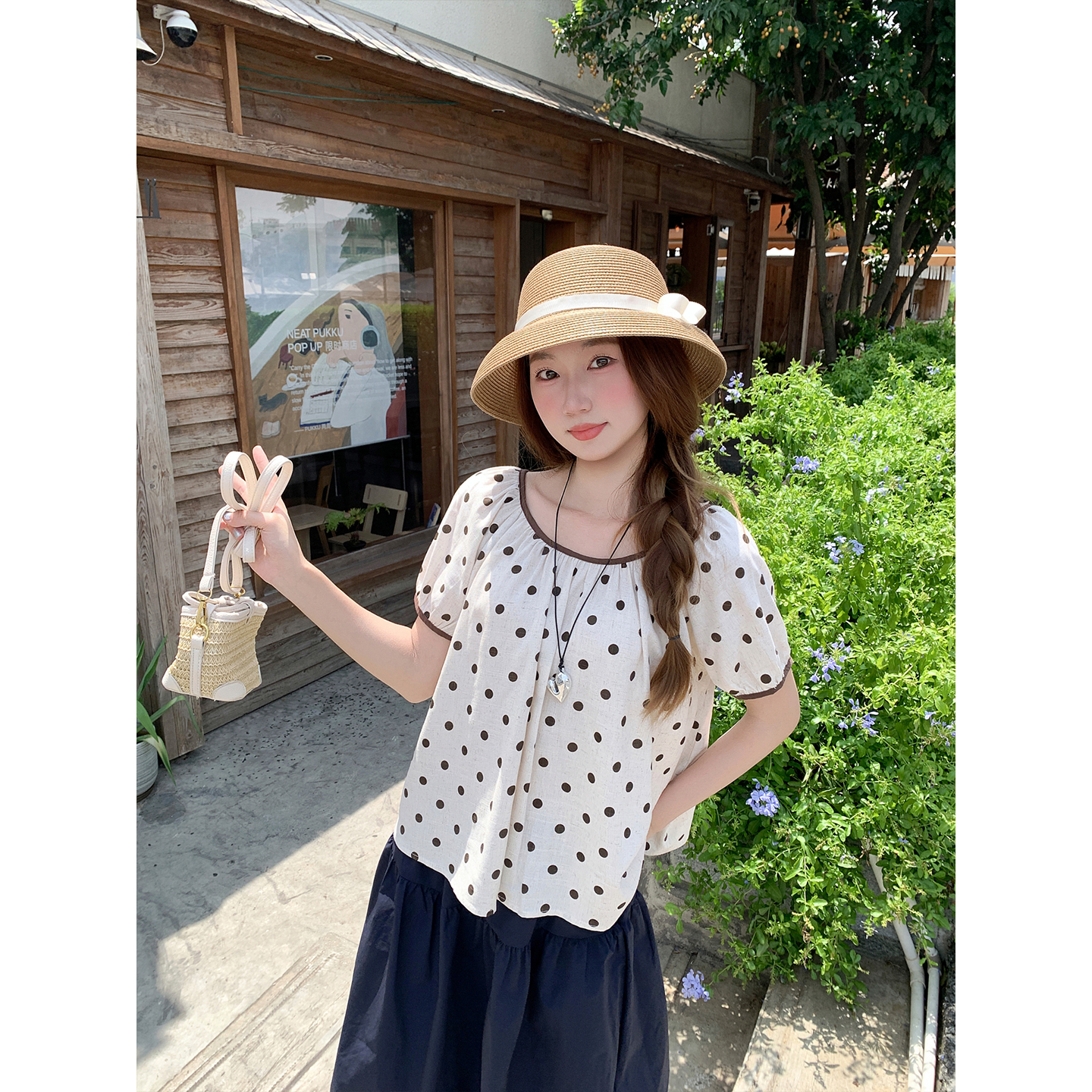 Retro Brown Polka Dot Color Block Round Neck Babydoll Shirt Women Summer Korean Loose Short Sleeve Blouse