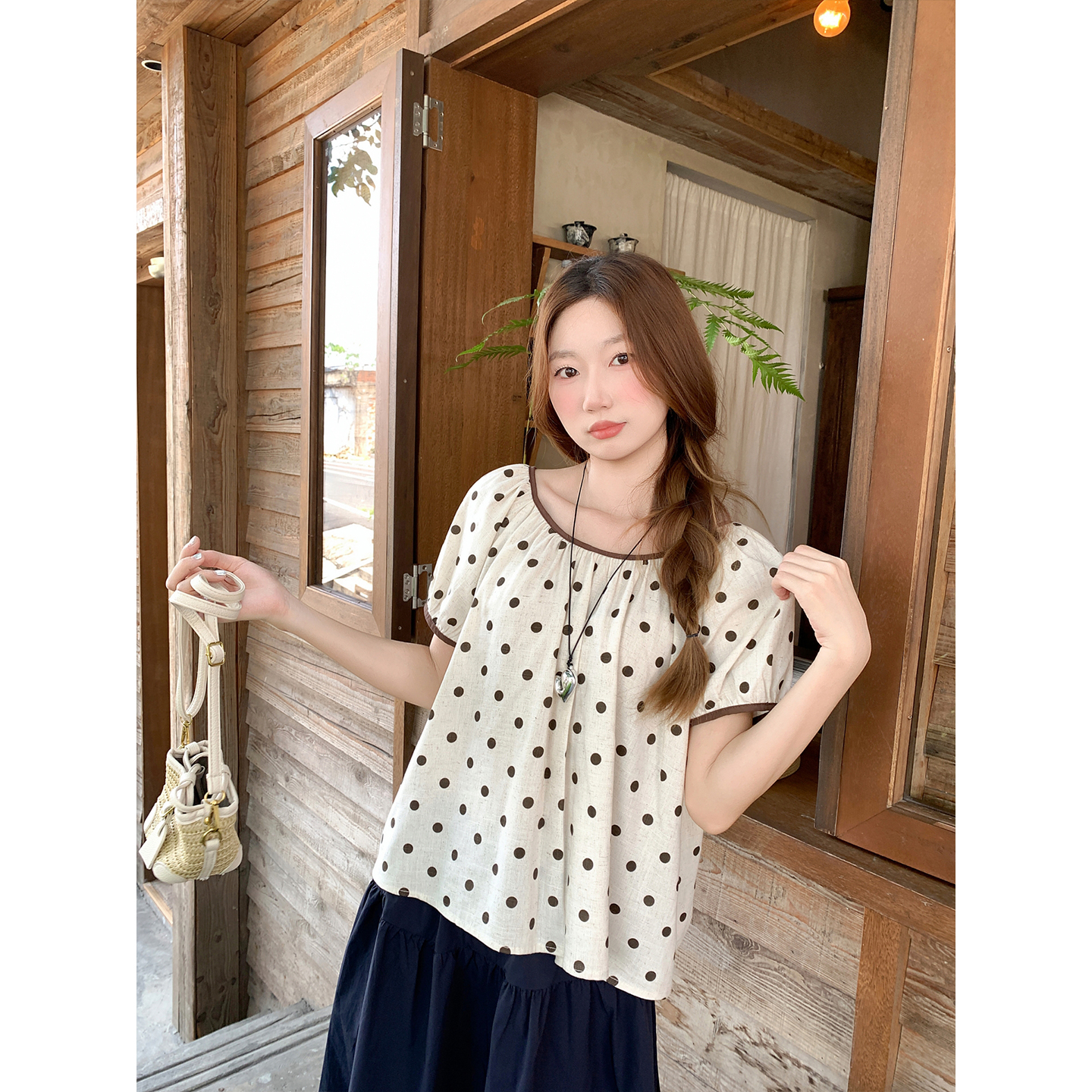 Retro Brown Polka Dot Color Block Round Neck Babydoll Shirt Women Summer Korean Loose Short Sleeve Blouse - Image 2