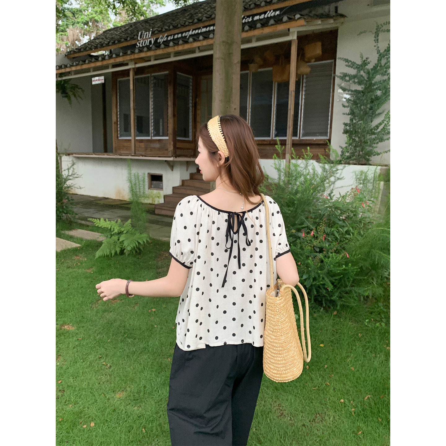 Retro Brown Polka Dot Color Block Round Neck Babydoll Shirt Women Summer Korean Loose Short Sleeve Blouse - Image 5