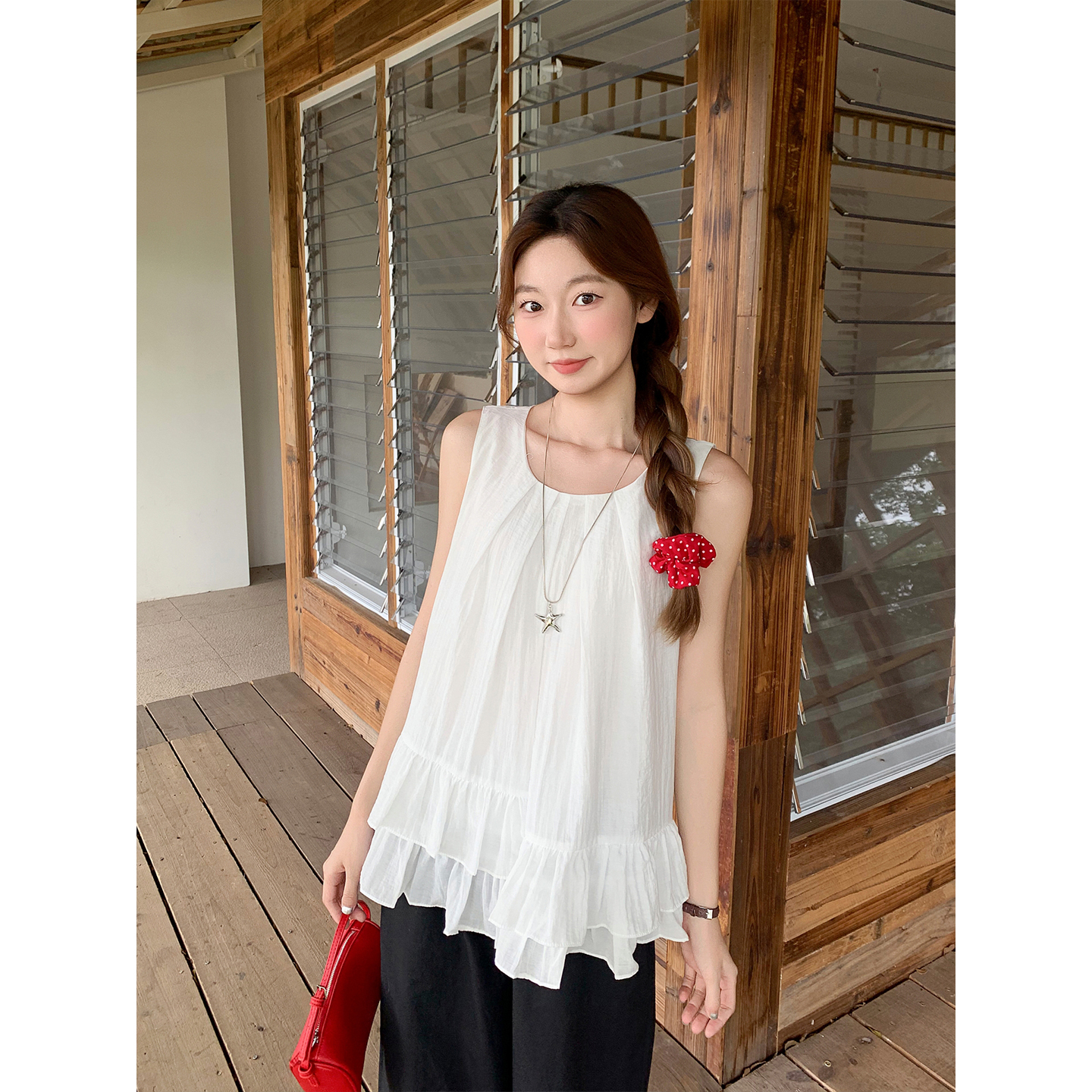 Women's Summer Sleeveless Double Ruffle Hem Blouse Korean Round Neck Loose Fit Commuter Top