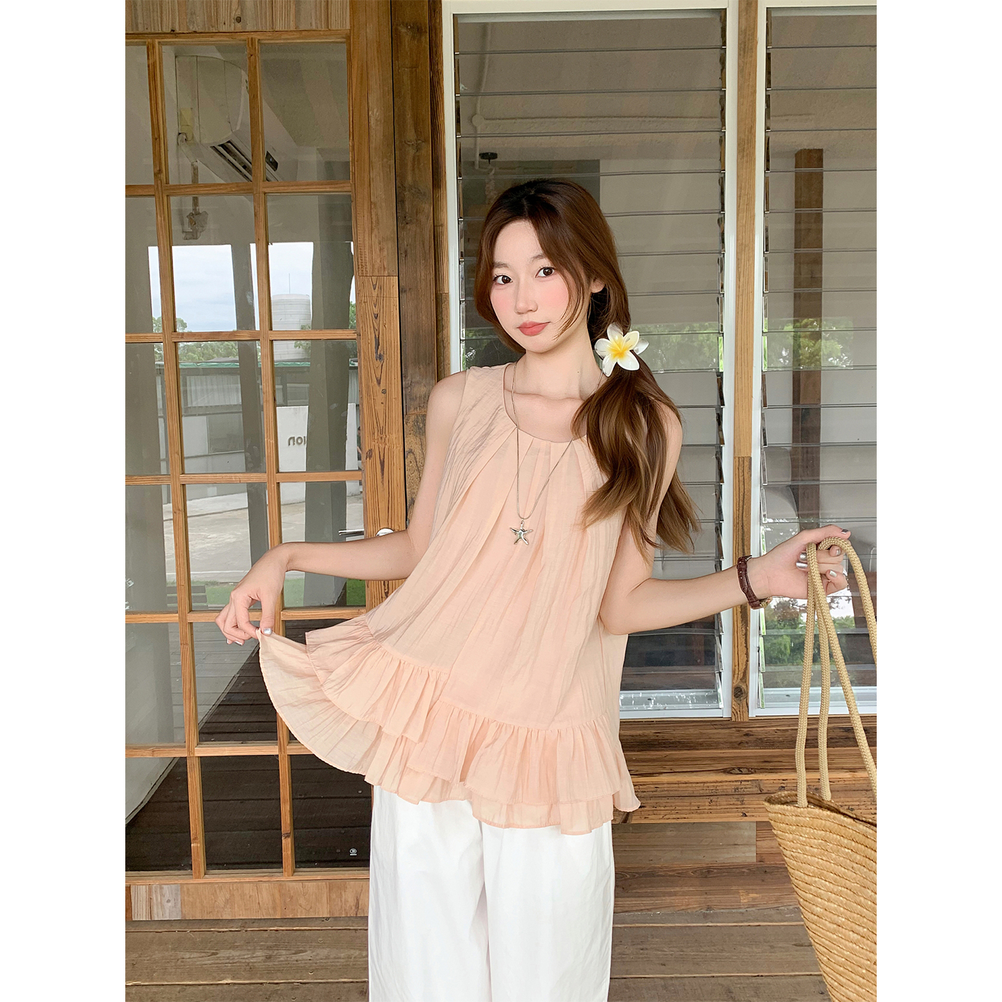 Korean Round Neck Pleated Sleeveless Doll Top for Women Summer New Vacation Outfit Cute Vest Brightening Shirt - Image 5
