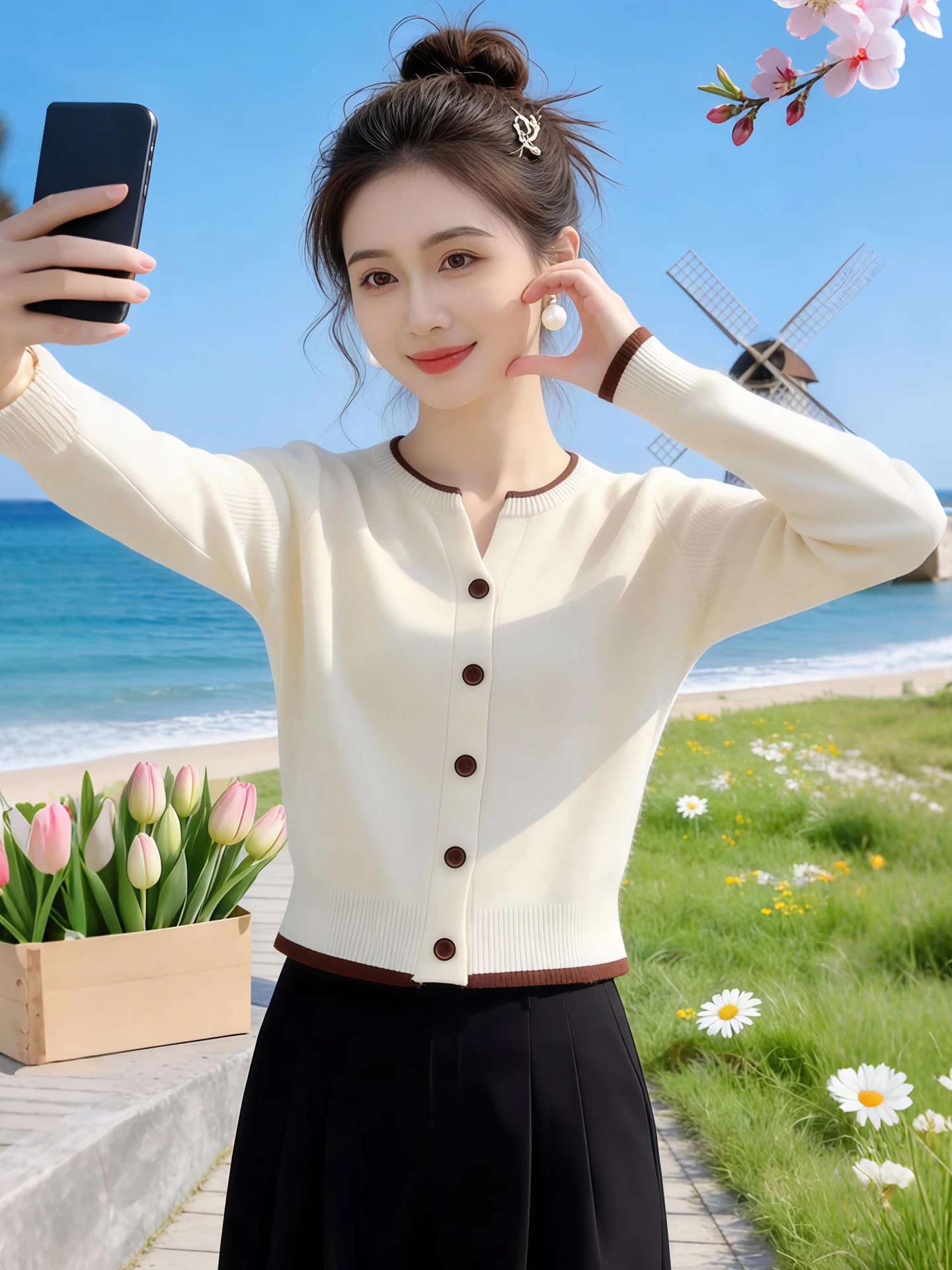 Women's Color Block V-Neck Knit Cardigan Sweater 2026 Autumn Loose Fit