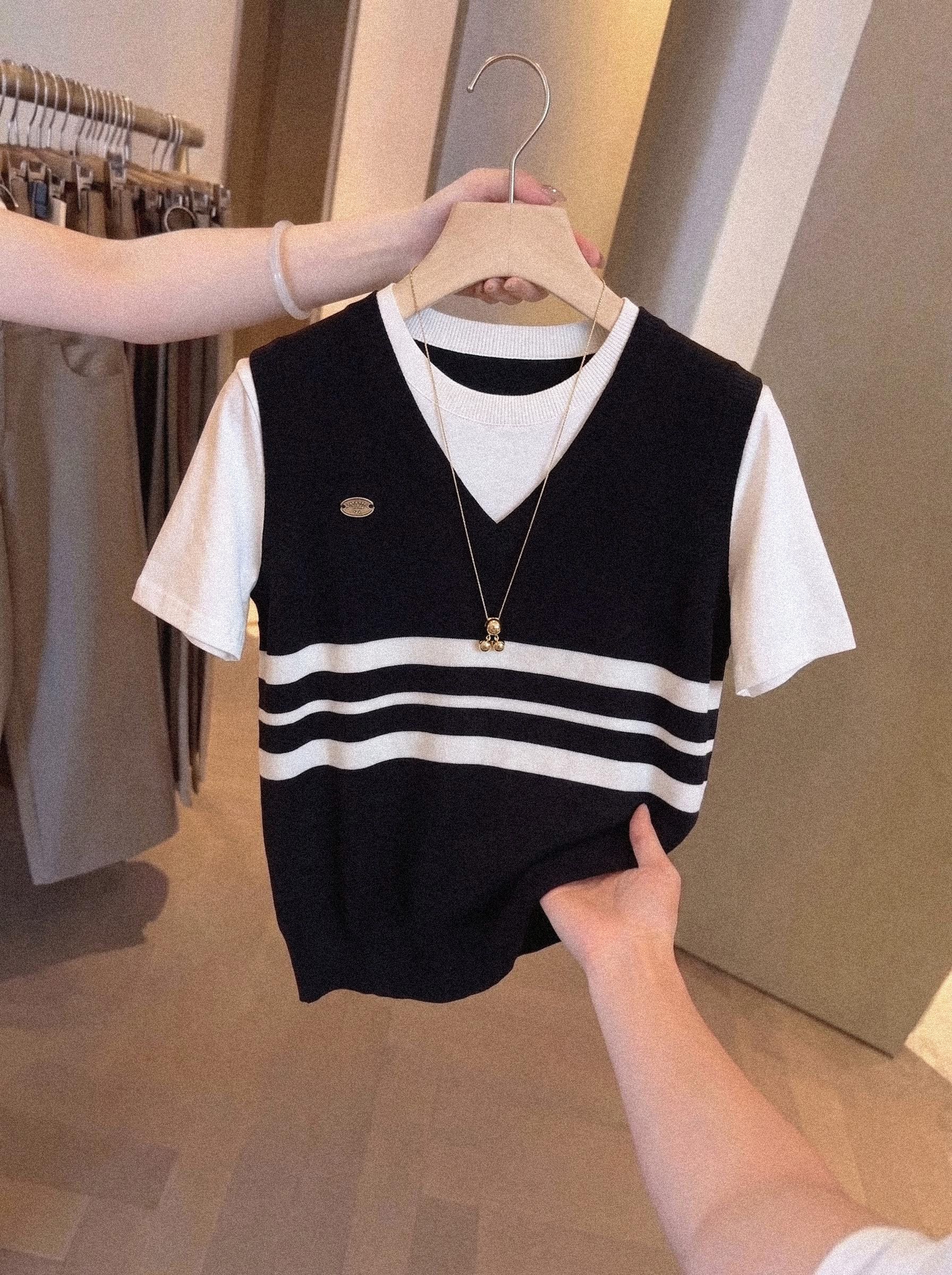 Preppy Color Block Striped Faux Two Piece Ice Silk Short Sleeve Knit T-Shirt for Women Summer Petite Slimming Top - Image 3