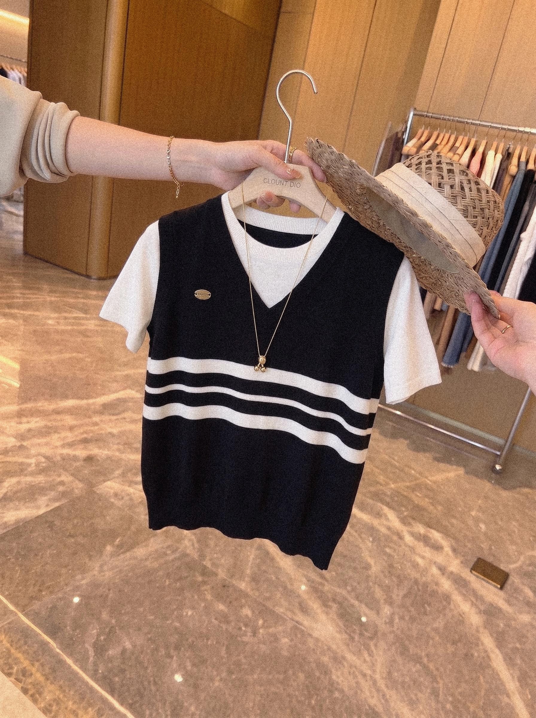 Preppy Color Block Striped Faux Two Piece Ice Silk Short Sleeve Knit T-Shirt for Women Summer Petite Slimming Top - Image 2