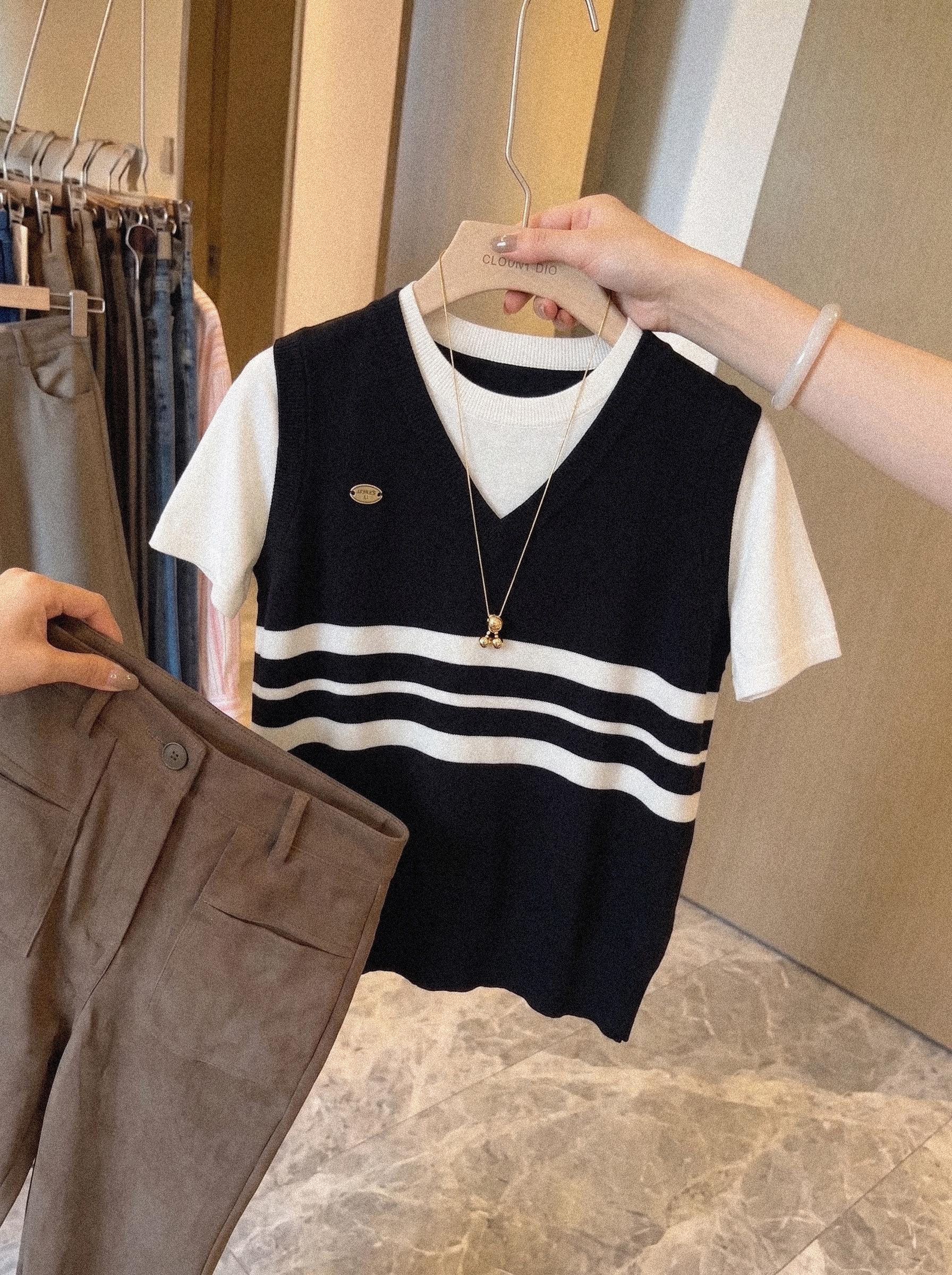 Preppy Color Block Striped Faux Two Piece Ice Silk Short Sleeve Knit T-Shirt for Women Summer Petite Slimming Top