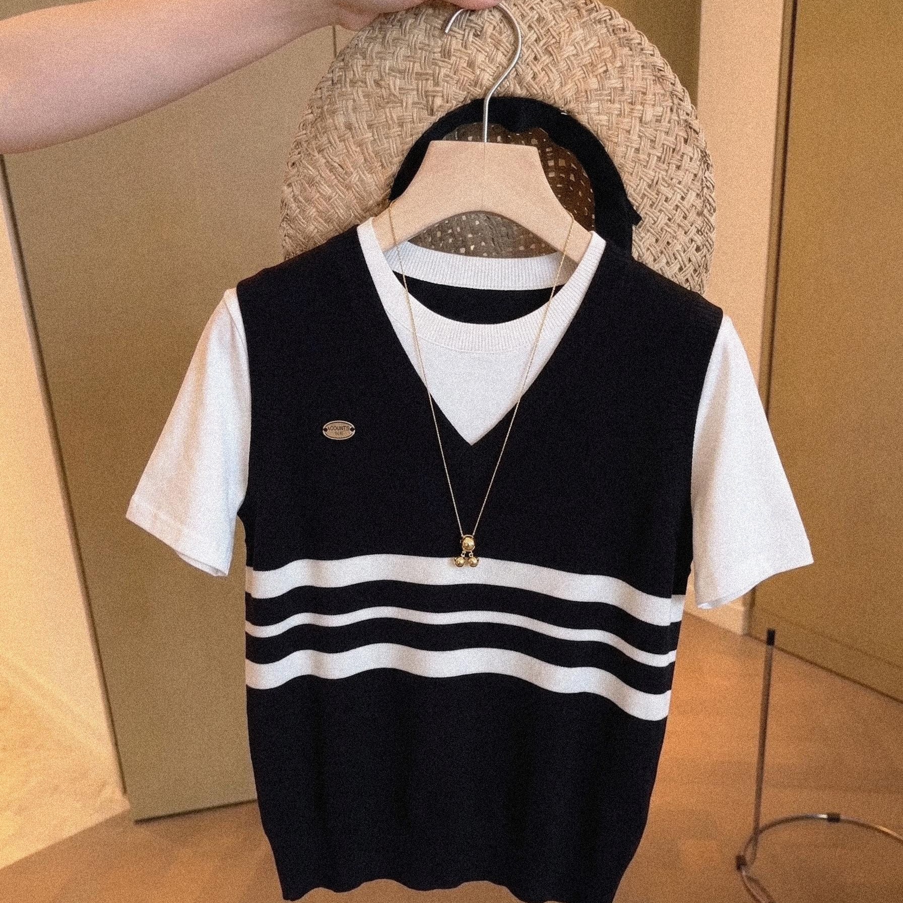 Preppy Color Block Striped Faux Two Piece Ice Silk Short Sleeve Knit T-Shirt for Women Summer Petite Slimming Top - Image 5