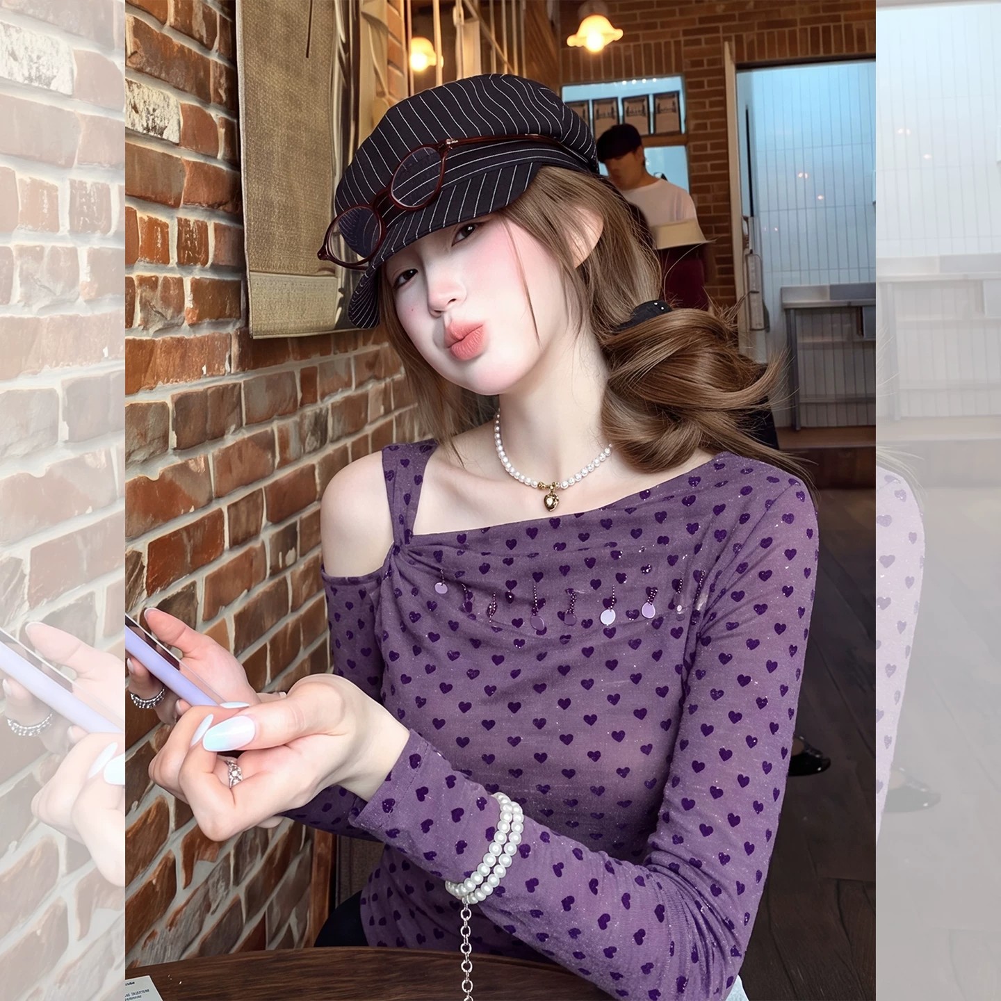 Purple Polka Dot Off-Shoulder Long-Sleeve T-Shirt for Women Summer Lightweight Sun Protection Cover-Up Top