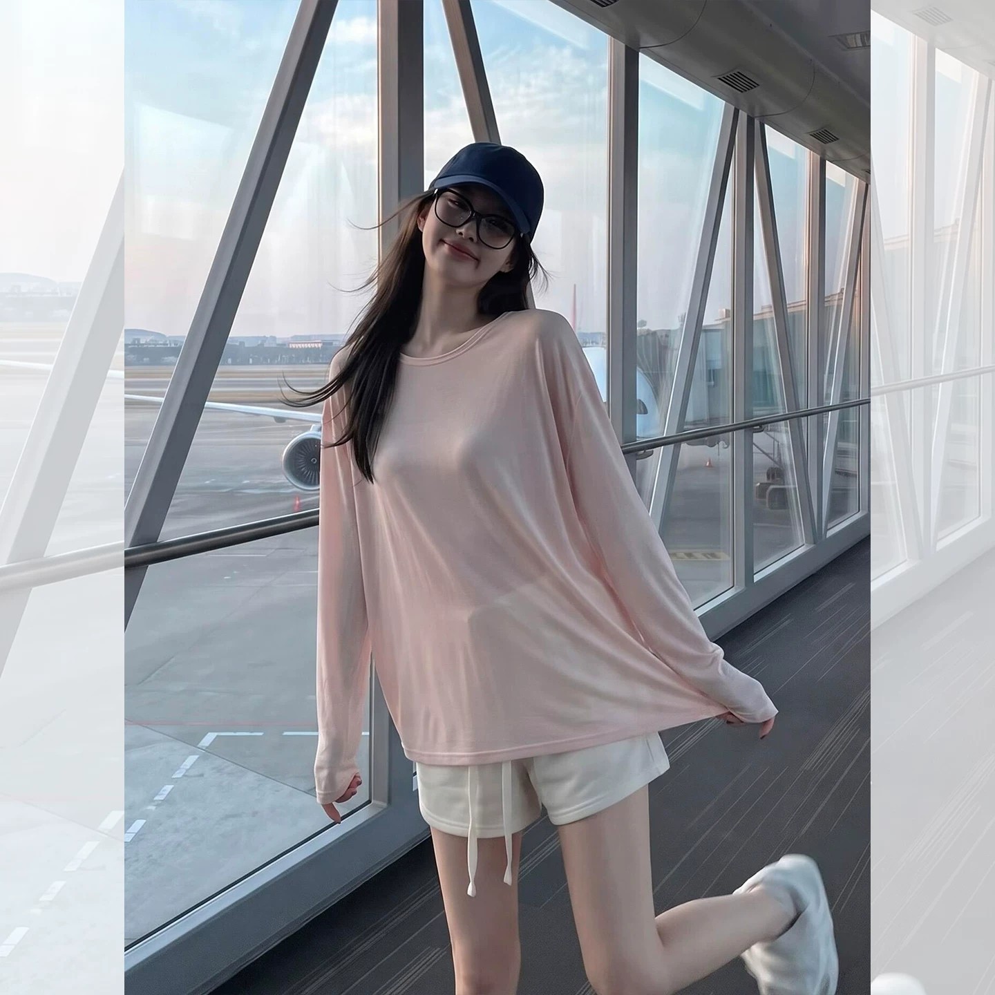 Korean Sweet Pink Sun Protection Long Sleeve T-Shirt Women Summer Loose Lazy Style Outer Layer Lightweight Top - Image 5