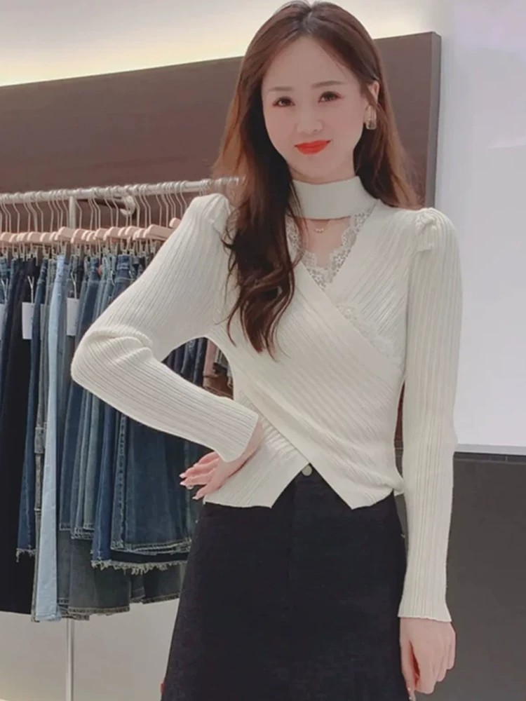 French Lace V-Neck Halter Knit Sweater for Women Winter 2026 Cross Slimming Youthful Top