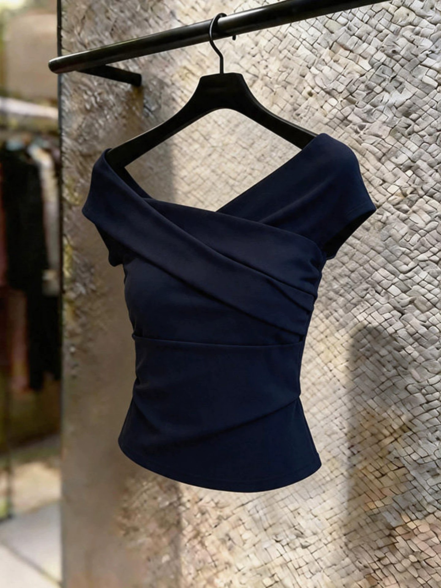 Women's French Cross Strap Slim Fit Short Sleeve Top Summer Elegant Cropped T-Shirt
