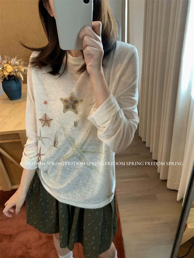 Starfish Cartoon Long Sleeve Sun Protection T-Shirt for Women 2026 Summer Loose Casual Slimming Thin Top