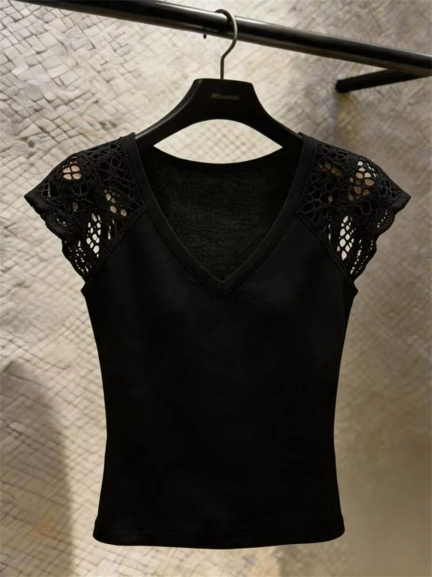 Elegant Black V-Neck Cutout Ruffle Sleeve Short Sleeve T-Shirt for Women Summer Slimming Top - Image 2