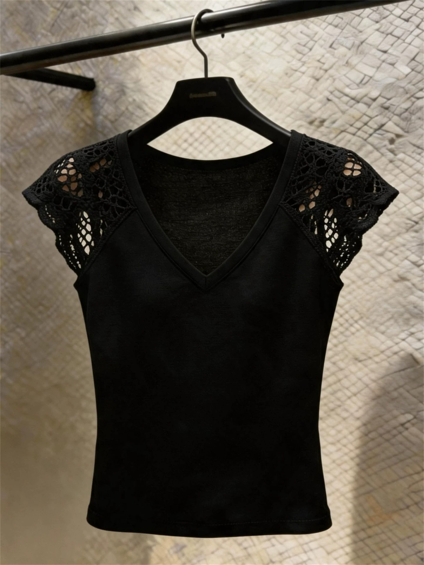 Elegant Black V-Neck Cutout Ruffle Sleeve Short Sleeve T-Shirt for Women Summer Slimming Top