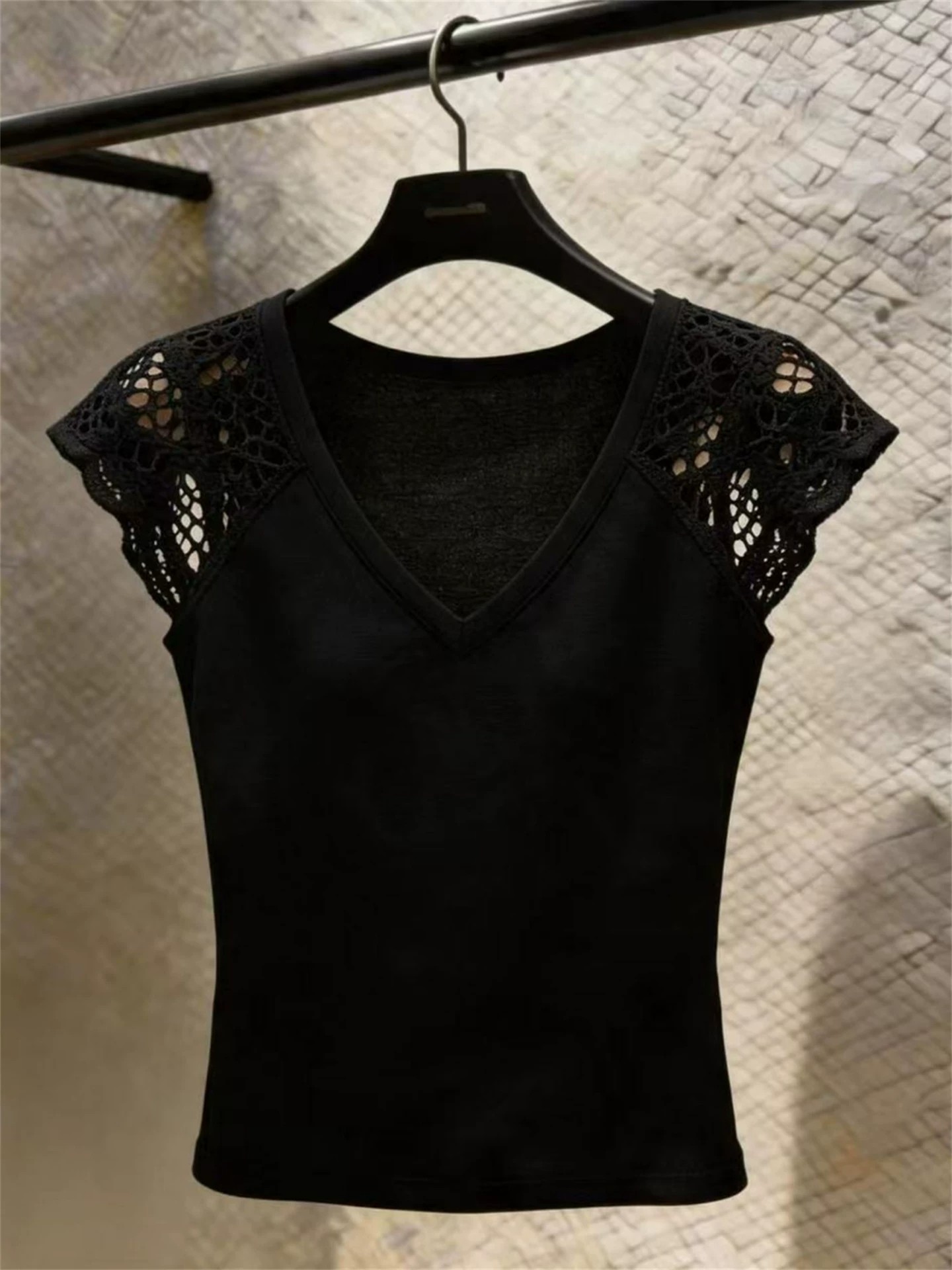 Elegant Black V-Neck Cutout Ruffle Sleeve Short Sleeve T-Shirt for Women Summer Slimming Top - Image 4