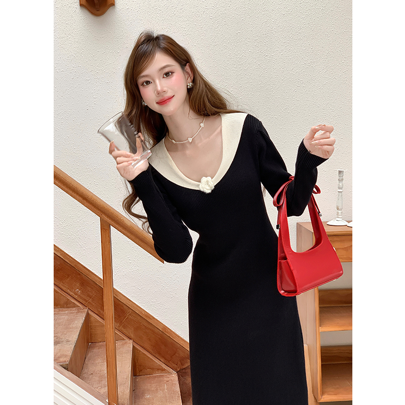 Elegant French Knit Dress with Contrast Color Long Sleeve Floral Design Fall New Arrival